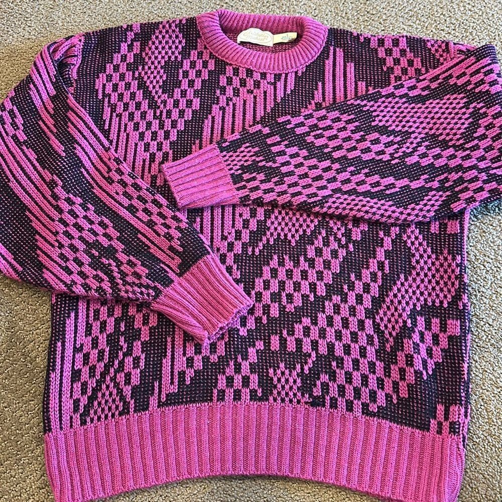 Christoper Michael Women’s Magenta & Black Acrylic Crewneck Sweater, Size L